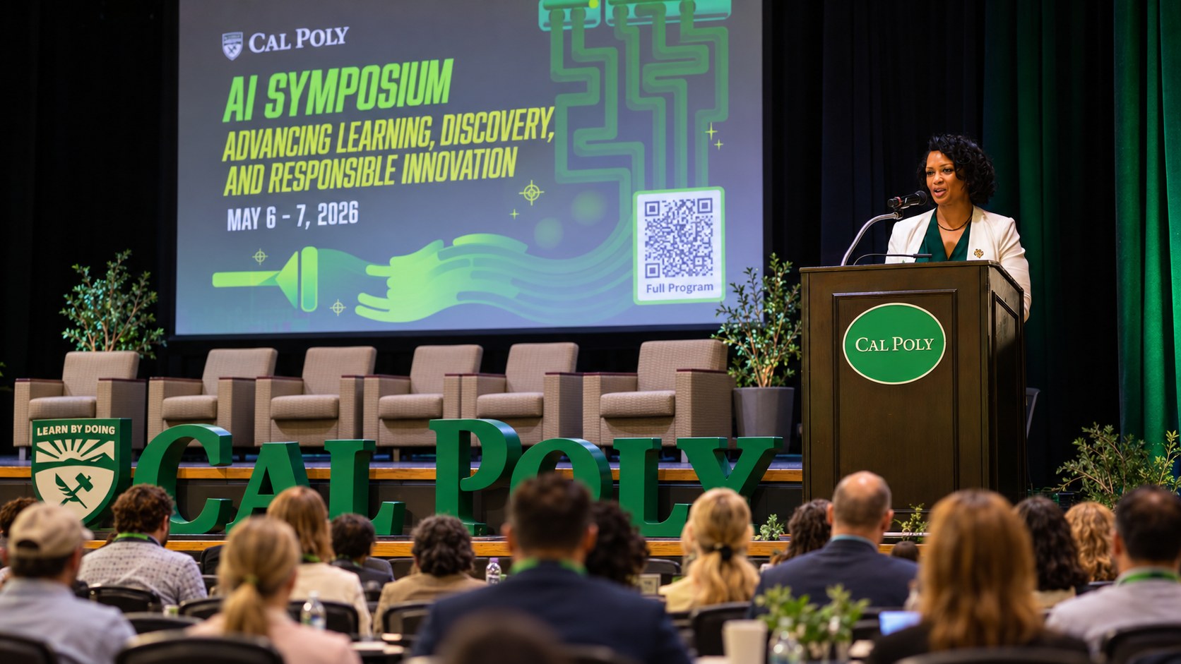 Dr. Roby welcoming participants to Cal Poly’s 2026 AI Symposium